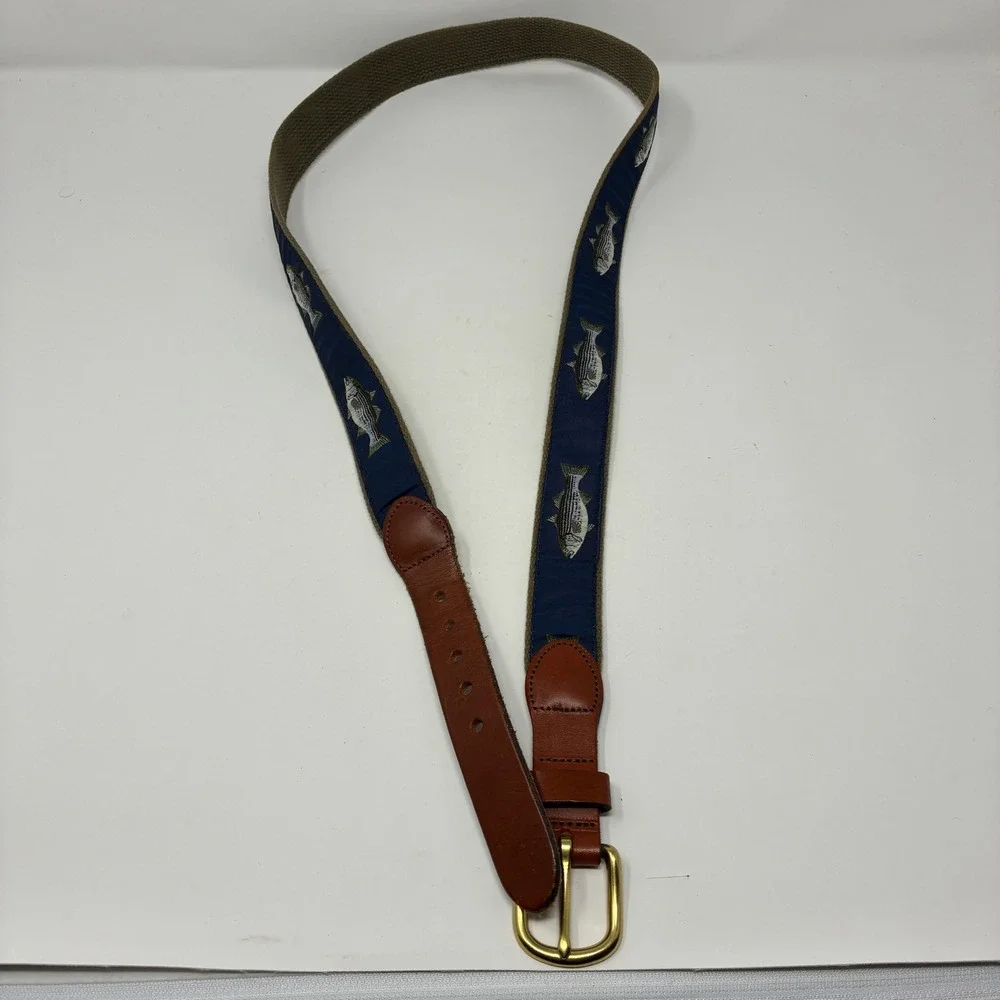 Leather Man Ltd Essex‎ CT Striped Bass Fish Belt Navy Canvas Leather 48 Inch XL